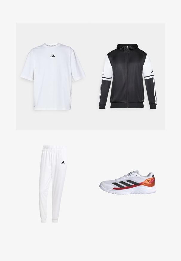 Czarna bluza z kapturem na zamek z białymi rękawami i trzema białymi paskami wzdłuż ramion. Wykonana z gładkiego, lekkiego materiału. Zawiera wzór bluzy z kapturem.; Biała bawełniana koszulka z krótkim rękawem, z czarnym logo Adidas na piersi, okrągłym dekoltem i szczelinami po bokach u dołu.; Białe sportowe spodnie z gładkiego materiału, z elastycznym pasem w talii i dopasowanymi mankietami, z czarnym logo na tylnej kieszeni.; Biały but sportowy z czarnymi paskami, teksturowaną siateczkową górą, akcentem na pięcie w kolorze czerwono-pomarańczowym oraz białą gumową podeszwą.