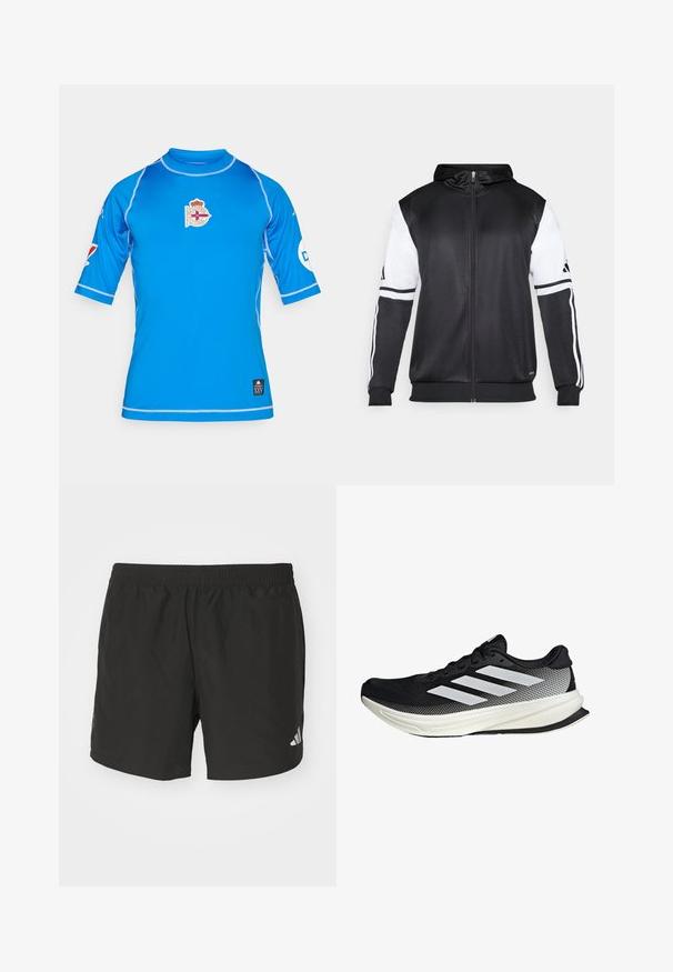 Sudadera con cremallera negra con mangas blancas y tres franjas blancas a lo largo de los brazos. Fabricada con un tejido suave y ligero. Diseño de sudadera incluido.; Camiseta deportiva azul de manga corta con cuello alto, que presenta un logo en el pecho y costuras contrastantes blancas a lo largo de las costuras.; Pantalones cortos deportivos negros con cintura elástica, aberturas laterales y acentos de logo reflectantes. Hechos de una tela liviana y suave.; Zapato deportivo negro con un diseño de malla, que presenta rayas blancas, una puntera redondeada y una suela texturizada para agarre y soporte.