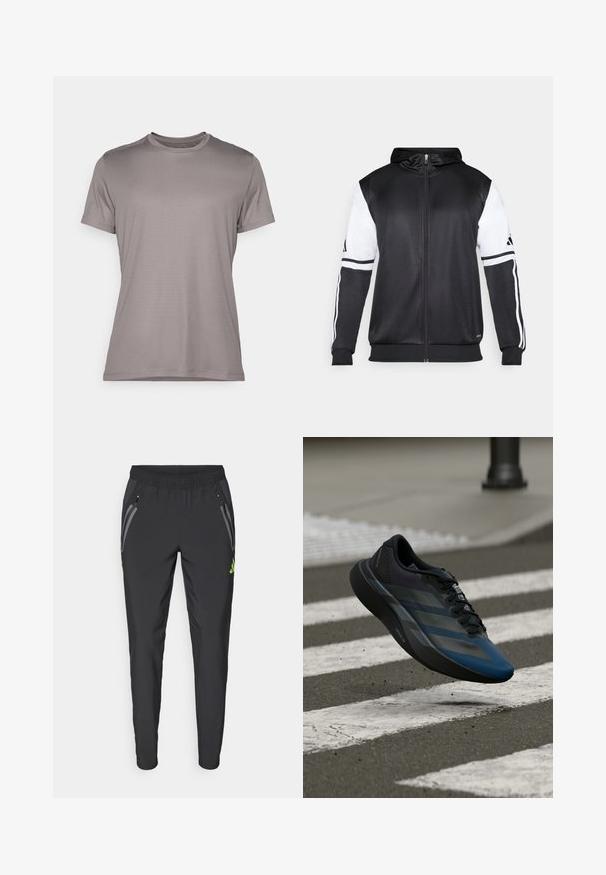 Black zip-up hoodie featuring white sleeves and three white stripes along the arms. Made from a smooth, lightweight fabric. Hoodie design included.; Gray short-sleeve t-shirt made of textured fabric with a round neck and a subtle logo accent on the sleeve. Simple, clean design.; adidas Performance REAL MADRID TIRO25 PRO VIS TECH TRAVEL PANT - Club wear - black/lucid lemon; Black and blue athletic shoe with a streamlined design, featuring a textured upper, contrasting stripes, and a cushioned sole, hovering over pavement.