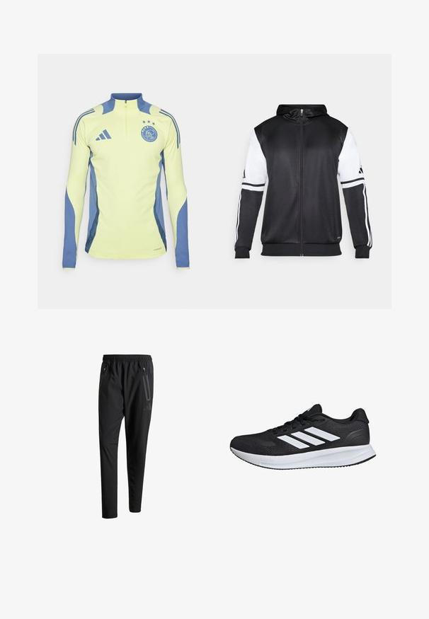 Schwarze Zip-Hoodie mit weißen Ärmeln und drei weißen Streifen entlang der Arme. Hergestellt aus einem glatten, leichten Stoff. Hoodie-Design enthalten.; Langärmliges Sportoberteil in fluoreszierendem Gelb mit blauen Seiteneinsätzen, einem Halbreißverschlusskragen und einem Logo mit Sternen auf der Brust.; Schwarze Sporthose mit elastischem Bund, zwei Reißverschlusstaschen an den Seiten, schmal zulaufenden Beinen und einem dezenten Logo-Detail an der Hüfte.; Schwarzer Sportschuh mit weißen Streifen, Obermaterial aus Mesh, gepolsterter Sohle und strukturierten Akzenten. Verfügt über ein Schnürdesign und ein Markenlogo auf der Zunge.