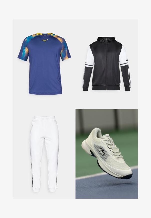 Black zip-up hoodie featuring white sleeves and three white stripes along the arms. Made from a smooth, lightweight fabric. Hoodie design included.; Short-sleeve athletic shirt in navy blue with geometric patterns in blue, yellow, and orange on the shoulders. Smooth fabric, crew neck.; White sweatpants with elastic waistband, featuring black side stripes and cuffs. Made from soft fabric with a smooth texture.; White athletic sneaker with a mesh upper, black accents, textured sole, and prominent logo on the side, displayed against a court background.