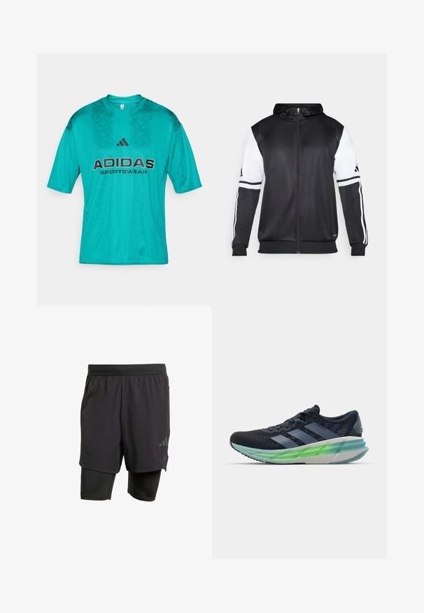Svart zip-up hoodie med vita ärmar och tre vita ränder längs armarna. Tillverkad av ett mjukt och lätt tyg. Design av hoodie ingår.; adidas Sportswear TIRO TEE - T-shirt med print - pure teal/black; Svarta atletiska shorts med integrerat innerlager, tillverkade av ventilerande tyg. Har en subtil logotyp och strukturerad textur. Justerbart midjeband.; Svart och blå atletisk sko med nätövre, tre vita ränder, grön genomskinlig sula och anmärkningsbart texturerat mönster. Lättviktig design.