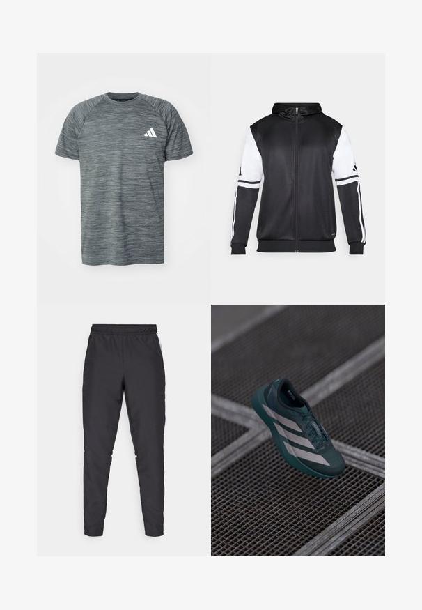 Sweatshirt preto com fecho, apresentando mangas brancas e três riscas brancas ao longo dos braços. Feito de um tecido suave e leve. Design do capuz incluído.; T-shirt atlético cinza com um design texturizado e mesclado. Apresenta mangas curtas, costuras de ombro raglan e uma faixa de logotipo branco.; Calças atléticas pretas com um cós elástico, pernas ajustadas e acentos brancos nas laterais. Feitas de material sintético com uma textura suave.; Sapatilha desportiva em verde-azulado escuro, com um cabedal texturizado, apresentando três riscas brancas, um bico arredondado e uma sola almofadada.