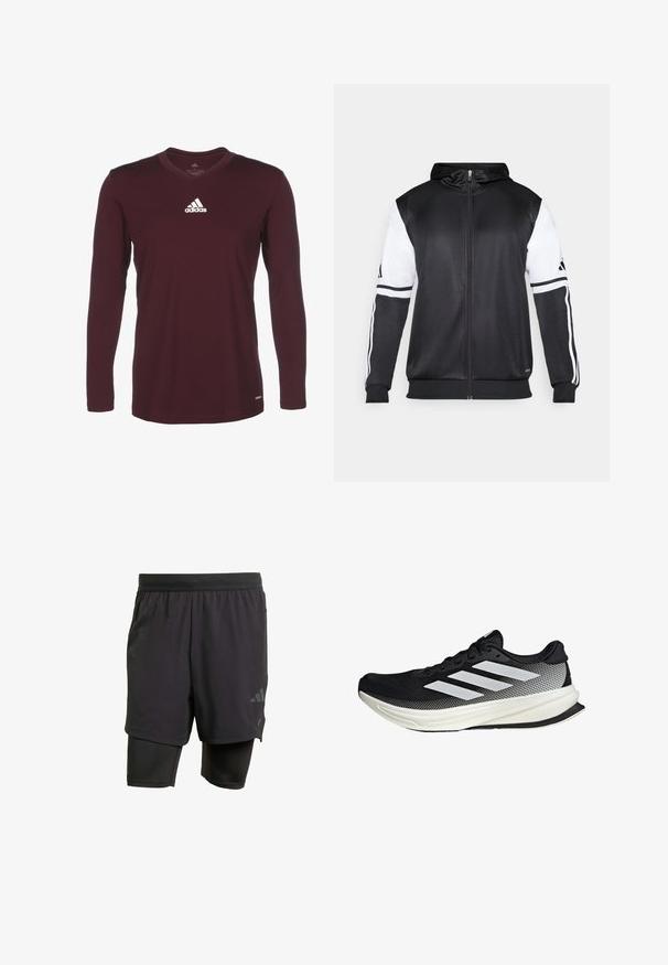 Černá mikina na zip s bílými rukávy a třemi bílými pruhy podél ramen. Vyrobena z hladkého, lehkého materiálu. Design mikiny je zahrnut.; Burgundská dlouhá košile s výstřihem do V. V horní části na levé straně hrudi se nachází logo Adidas v bílé barvě. Hladká textilie.; Černé sportovní šortky s integrovanou vnitřní vrstvou, vyrobené z prodyšné tkaniny. Obsahují nenápadné logo a strukturovanou texturu. Nastavitelný pas.; Černá sportovní boty s síťovaným designem, s bílými pruhy, zaoblenou špičkou a texturovanou podrážkou pro lepší přilnavost a oporu.