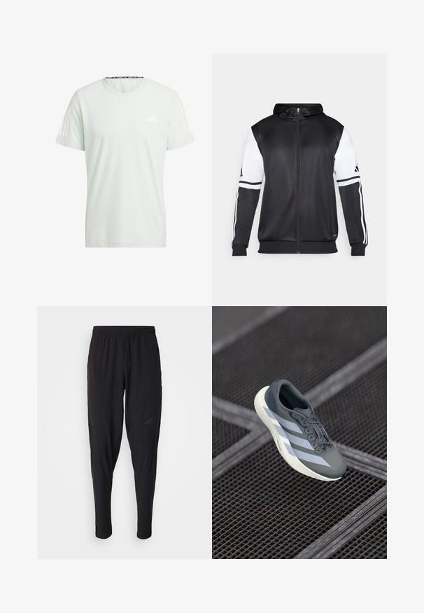 Sort zip-up hættetrøje med hvide ærmer og tre hvide striber langs armene. Lavet af et glat, letvægtsstof. Designet til hættetrøjen er inkluderet.; adidas Performance OTR B - Sports T-shirts - linen green; Sorte træningsbukser med elastisk talje, tætsiddende design, sidelommer og diskret logo-detail. Fremstillet af fleksibelt, åndbart stof.; Sportssko i grå og hvid, lavet af syntetisk materiale, med et strømlinet design, tekstureret overflade og fremtrædende snøresystem.