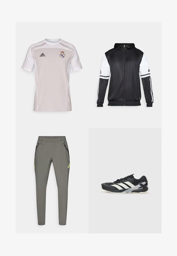 Svart zip-up hoodie med vita ärmar och tre vita ränder längs armarna. Tillverkad av ett mjukt och lätt tyg. Design av hoodie ingår.; Grå sportskjorta med korta ärmar, vita detaljer, Adidas-logotyp och Real Madrid-emblem på vänster bröst. Lättviktig tyg.; adidas Performance REAL MADRID C VISTECH P - Klubbkläder - utility grey/semi frozen yellow; Svart atletisk sko med vita ränder, mesh-övre, rund tå och dämpad sula. Har en strukturerad häl och ett säkert snörningssystem.