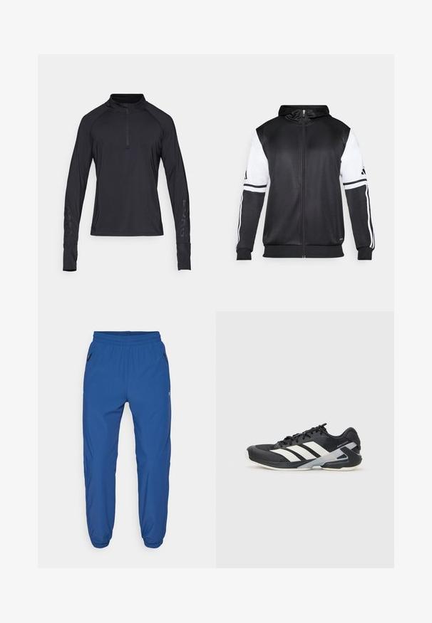 Schwarze Zip-Hoodie mit weißen Ärmeln und drei weißen Streifen entlang der Arme. Hergestellt aus einem glatten, leichten Stoff. Hoodie-Design enthalten.; Schwarzes langärmliges Sportoberteil mit Viertel-Reißverschluss und Raglanärmeln, das ein dezentes Logo entlang des linken Ärmels aufweist. Glattes, leichtes Material.; Blaue Sporthose aus glattem Stoff, mit einem elastischen Bund, seitlichen Reißverschlusstaschen und schmal zulaufenden Beinen mit elastischen Bündchen.; Schwarzer Sportschuh mit weißen Streifen, Obermaterial aus Mesh, runde Zehenform und gepolstertem Sohlenteil. Verfügt über eine strukturierte Ferse und ein sicheres Schnürsystem.