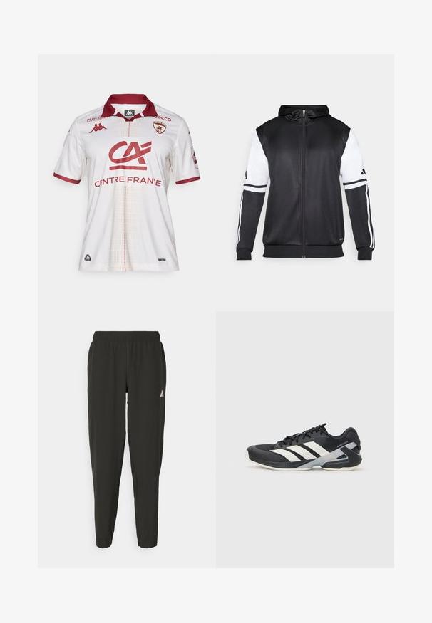 Sweatshirt preto com fecho, apresentando mangas brancas e três riscas brancas ao longo dos braços. Feito de um tecido suave e leve. Design do capuz incluído.; Camisola de futebol branca com detalhes em bordô, apresentando um colarinho, logótipos da equipe e um padrão texturizado na frente. O material parece respirável.; Calças de atletismo pretas com cintura elástica, corte justo e logotipo branco na perna esquerda. Tecido liso e leve.; Sapata atlética preta com riscas brancas, parte superior em malha, biqueira arredondada e sola acolchoada. Apresenta um calcanhar texturizado e um sistema de atacadores seguro.