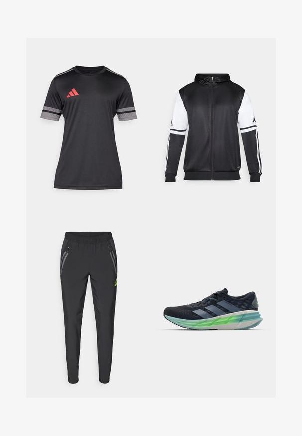Mustapohjainen vetsaritakki, jossa on valkoiset hihnat ja kolme valkoista raitaa hihassa. Valmistettu sileästä, kevyestä kankaasta. Mukana hupparisuunnittelu.; Musta urheilupaita lyhyillä hihoilla, jossa on punaisia ja harmaita yksityiskohtia. Valmistettu sileästä, kevyestä materiaalista. Adidas-logo rinnassa.; adidas Performance REAL MADRID TIRO25 PRO VIS TECH TRAVEL PANT - Joukkuetuote - black/lucid lemon; Mustat ja siniset urheilukengät, joissa on verkkomateriaali, kolme valkoista raitaa, vihreä läpinäkyvä pohja ja huomattava tekstuurikuvio. Kevyt muotoilu.