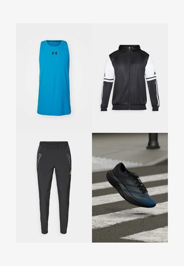 Čierna mikina s kapucňou na zips s bielymi rukávmi a tromi bielymi pruhmi pozdĺž rúk. Vyrobená z hladkej, ľahkej tkaniny. Design mikiny je zahrnutý.; Modrá bezrukávová športová tielko vyrobené z bavlnenej zmesi, s čiernym logom Under Armour na prednej strane a okrúhlym výstrihom.; adidas Performance REAL MADRID TIRO25 PRO VIS TECH TRAVEL PANT - Klubové oblečenie - black/lucid lemon; Čierna a modrá atletická obuv s aerodynamickým dizajnom, vybavená štruktúrovaným zvrškom, kontrastnými pruhmi a pohodlnou podrážkou, ktorá sa vznáša nad asfaltom.