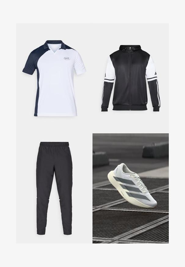 Must eltavõttega must kapuutsiga sviiter, millel on valged varrukad ja kolm valget triipu mööda käsi. Valmistatud siledast ja kergest kangast. Kapuutsi disain on kaasatud.; Lühikeste varrukatega polo särk, millel on tumesinise ja valge värvi plokkdisain, ribatud krae ja väike EA7 logo rinnal.; Mustad mustusharjased püksid elastse vöökohtadega, kitsenevate jalgadega ja valgete külgaktsentidega. Valmistatud sünteetilisest materjalist, millel on sile tekstuur.; Valge sportlik jalanõu tekstureeritud võrgus ülaosaga, hallide triipude ja pehmendusega tallaga. Kerge disain, sobib jooksmiseks.