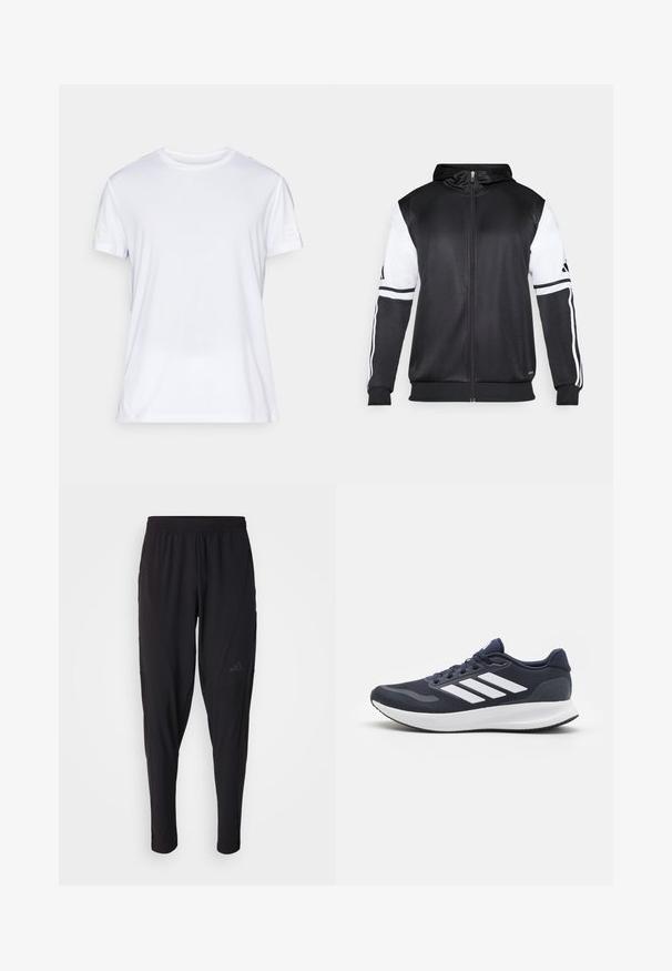 Fekete zipzáras kapucnis pulóver, fehér ujjakkal és három fehér csíkkal a karokon. Simább, könnyű anyagból készült. A kapucnis pulóver dizájnja is benne van.; Fehér, rövid ujjú póló, könnyű anyagból készült. Kerek nyakú, és finom, textúrált mintával rendelkezik. A logó a harmonika ujján található.; Fekete sportnadrág elasztikus derékpánttal, keskenyített fazonnal, oldalsó zsebekkel és diszkrét logóval. Rugalmas, légáteresztő anyagból készült.; Tengerészkék sportcipő lélegző hálós felsőrésszel, fehér háromcsíkos logóval, kerek orral és struktúrált gumi talppal az tapadásért.