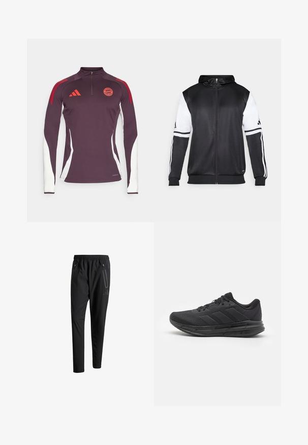 Felpa nera con zip, caratterizzata da maniche bianche e tre strisce bianche lungo le braccia. Realizzata in un tessuto liscio e leggero. Design della felpa incluso.; Maglia da allenamento a maniche lunghe di colore viola scuro con pannelli laterali bianchi, strisce rosse di accento e colletto con zip a un quarto; presenta il logo Adidas e il distintivo del Bayern Monaco.; Pantaloni sportivi neri con vita elastica, due tasche laterali con cerniera, gambe affusolate e un sottile dettaglio del logo sull'anca.; Scarpa sportiva nera con tomaia in rete, suola in gomma, design testurizzato e dettaglio a tre strisce sul lato. Imbottitura in schiuma per il comfort.
