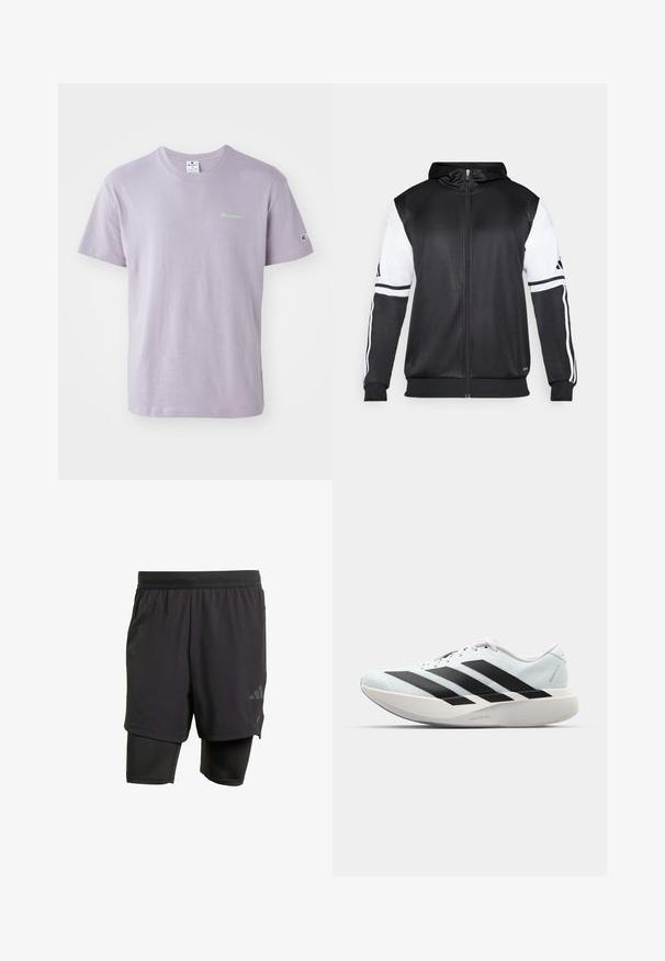 Črna zip-up kapuca z belimi rokavi in tremi belimi črtami ob rokavih. Narejena iz gladkega, lahkega materiala. Oblikovanje kapuce vključeno.; Svijetloplana pamučna majica s okruglim izrezom, kratkim rukavima i malim zelenim logotipom na prsima, uz logotip na rukavu.; Črne atletske hlače s integriranim notranjim slojem, narejene iz zračnega materiala. Imajo subtilen logotip in strukturirano teksturo. Prilagodljiv pas.; Lahki tekaški čevlji v svetlo modri barvi z belimi črtami. Imajo gladek zgornji del, okroglo kapico in debel bel srednji podplat z označbo "LIGHTSTRIKE PRO."