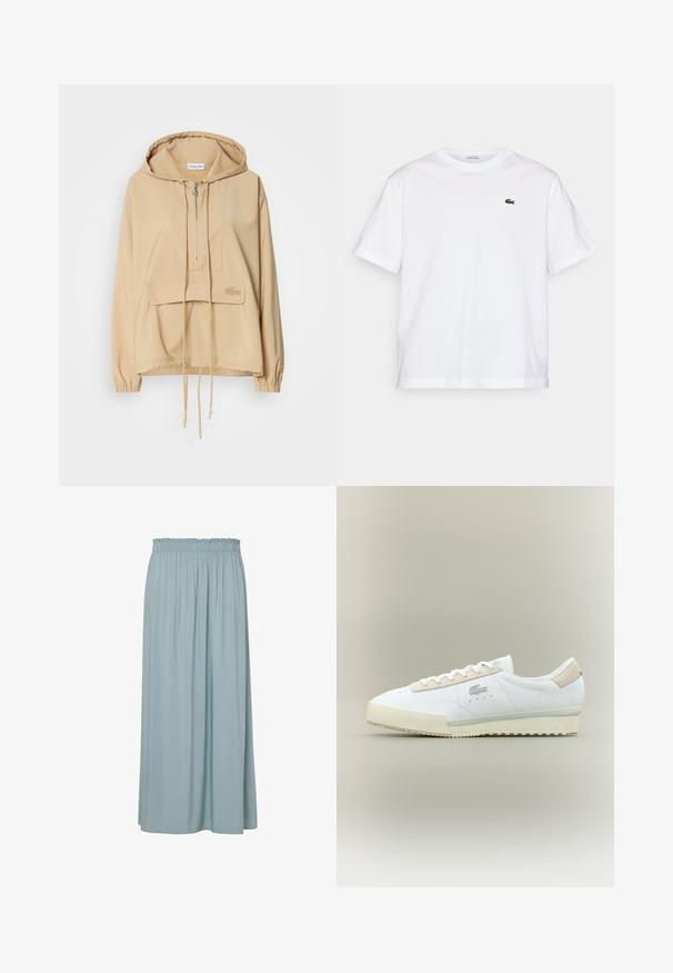 Sudadera con capucha de color beige, con medio cierre, bolsillo tipo canguro en la parte frontal, dobladillo ajustable con cordón, puños acanalados y un logo bordado en el bolsillo.; Camiseta de algodón blanca con cuello redondo y mangas cortas. Presenta un logotipo bordado en verde en el pecho. Tejido suave, corte relajado.; Falda maxi azul claro con una cinturilla elástica recogida, hecha de una tela suave, que presenta pliegues verticales para textura y fluidez.; Zapatilla blanca de cuero con un detalle de ante beige. Presenta una puntera redondeada, cordones planos y una suela texturizada. Logo de Lacoste en el lateral.