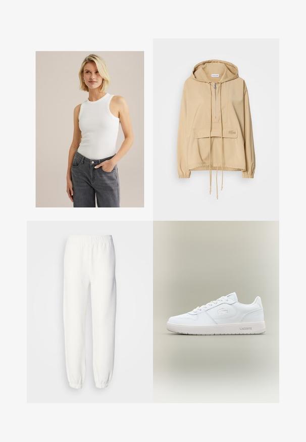 Beige huppari, jossa on puoli-vetoketju, etupuolella kengurutasku, kiristysnaru helma, ribbikujat hihansuissa ja brodeerattu logo taskussa.; Valkoinen ilman hihoja ribbitekstvilla oleva toppi, jossa on pyöreä pääntie, yhdistettynä harmaisiin korkeavyötäröisiin farkkuihin, joissa on taskut ja napitus.; Valkoiset collegehousut, jotka on valmistettu pehmeästä neulottusta kankaasta. Joustava vyötärö ja hihansuut tarjoavat rennon istuvuuden. Minimalistinen muotoilu, ei näkyviä kuvioita tai yksityiskohtia.; Valkoinen nahkainen lenkkari, jossa on sileä pinta, pyöreä varvastyyppi, nauhakiinnitys ja huomaamaton kohokuvioitu logo sivussa. Varustettu kumipohjalla.