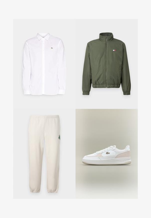 Oliivroheline puffjakker kõrge kraega, eesluku, elastsete mansettide ja äärtega, millel on rinna peal väike bordüüritud logo.; Valge pika käiga puuvillane särk, millel on nööpidega krae, vasakul rinnal roheline broderi logo ja sirged mansetid.; Heledadbežased püksid, mis on valmistatud puuvillast, varustatud elastse vöökohtaga, soonikute lõpetustega ja vasakul jalal on roheline logo lehe kujundusega.; Valged spordijalatsid, millel on sile nahast ülemine osa, sametised aktsendid ja kummist põhi. Funktsioonid sisaldavad reljeefset logo ja paeltega disaini. Minimalistlik esteetika.