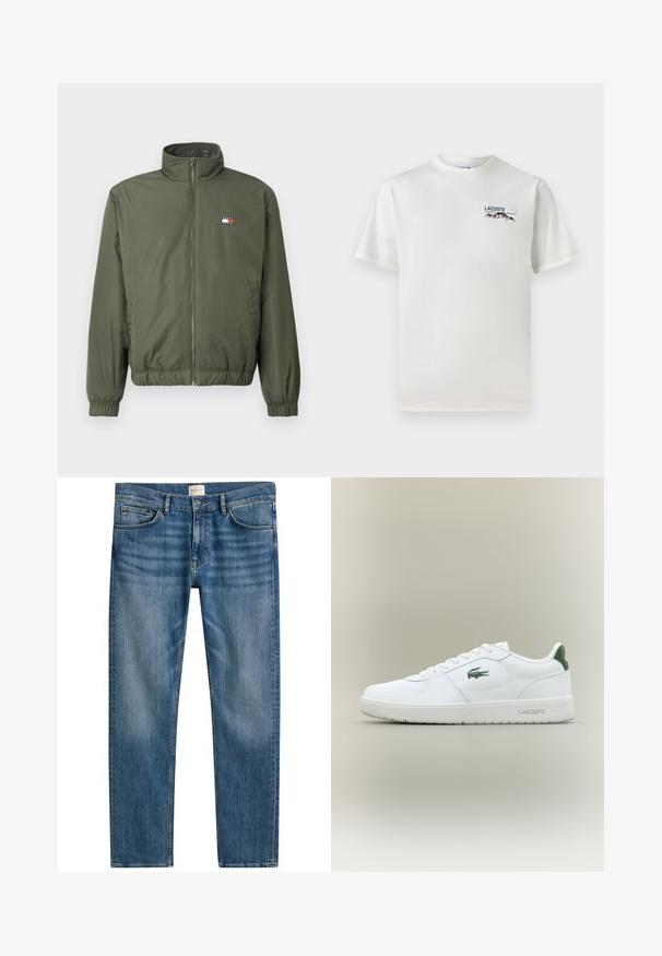 Zelenohnědá prošívaná bunda s vysokým límcem, předním zipem, elastickými manžetami a spodním lemem, s malým vyšívaným logem na hrudi.; Bílá bavlněná tričko s kulatým výstřihem, krátkými rukávy a malým vyšitým logem zobrazujícím hory a text na levé straně hrudi.; Modré džíny z denimu s rovnými nohavicemi, které mají pět kapes, zapínání na knoflík a mírné blednutí na látce pro texturu.; Bílé kožené tenisky s hladkým povrchem, zelenými akcenty na patě a zeleným logem na boku. Mají plochou podrážku a kulatou špičku.