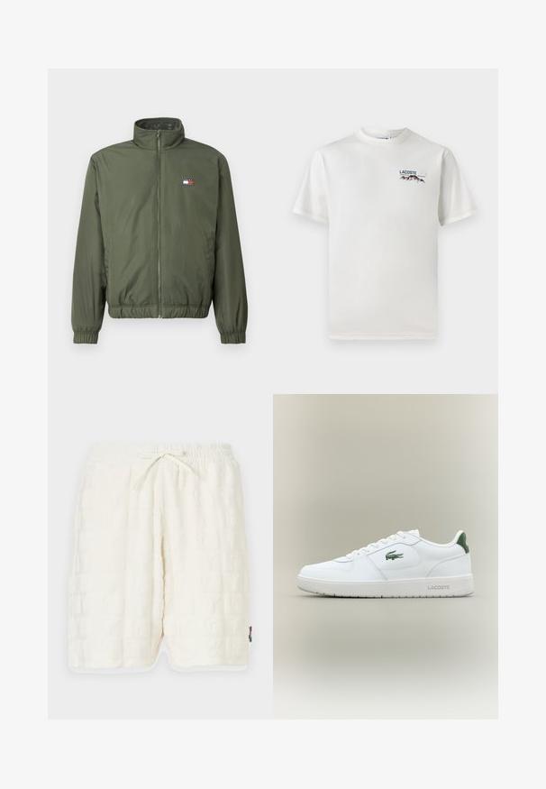 Doudoune vert olive avec col haut, fermeture éclair avant, poignets et ourlet élastiques, ornée d'un petit logo brodé sur la poitrine.; T-shirt en coton blanc avec un col rond, des manches courtes et un petit logo brodé représentant des montagnes et un texte sur le côté gauche de la poitrine.; Shorts blancs texturés avec un motif en relief. Taille élastique avec un cordon de serrage. Poches latérales et bord contrastant à l'ourlet.; Baskets en cuir blanc avec une finition lisse, accents verts au niveau du talon et un logo vert sur le côté. Présente une semelle plate et un bout rond.