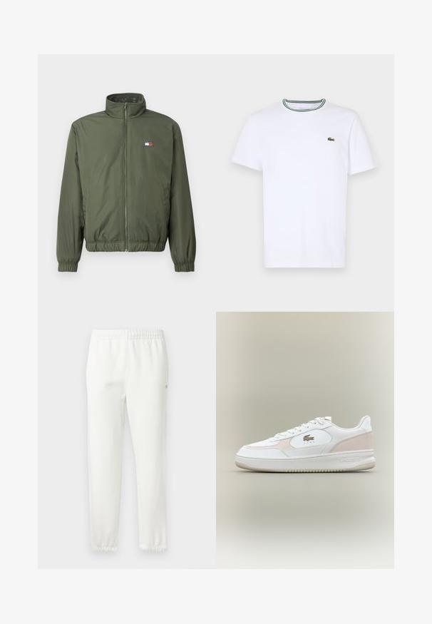 Maslinasto zelena puf jakna s visokim ovratnikom, prednjim zatvaračem, elastičnim manžetama i rubom, s malim veznim logotipom na prsima.; Bijela pamučna majica kratkih rukava s rebrastim ovratnikom koja ima zelene i crne pruge; mali zeleni izvezeni logo na lijevoj strani prsnog koša.; Bijele pamučne trenirke s elastičnim pojasom i suženim nogavicama. Imaju mali detalj s logotipom sa strane. Mekana tekstura, minimalni dizajn.; Bijele tenisice s glatkom kožnom gornjom stranom, akcentima od antilopa i gumeni potplat. Sadrže istisnuti logo i dizajn s vezicama. Minimalistički estetski.