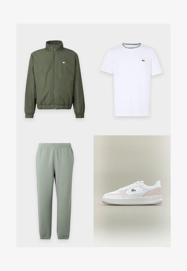 Oliwkowa kurtka puchowa z wysokim kołnierzem, zamkiem błyskawicznym z przodu, elastycznymi mankietami i dołem, z małym haftowanym logo na piersi.; Biała bawełniana koszulka T-shirt z krótkim rękawem i prążkowanym kołnierzykiem, ozdobiona zielonymi i czarnymi paskami; małe zielone haftowane logo po lewej stronie klatki piersiowej.; Jasnozielone dresy z elastycznym pasem, zwężanymi nogawkami i ściągaczami na kostkach. Wykonane z miękkiego, lekkiego materiału.; Białe sneakersy z gładkiej skórzanej cholewki, z zamszowymi akcentami i gumową podeszwą. Posiadają wytłoczone logo i sznurowany design. Minimalistyczna estetyka.