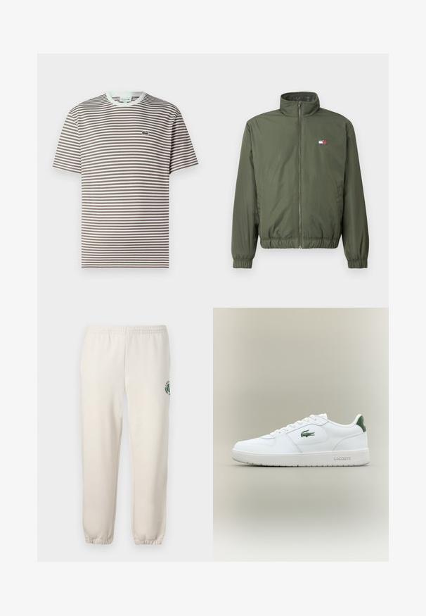 Alyvuogių žalios pūkinės striukės su aukštu apykakle, priekiniais užtrauktukais, elastiniais rankogaliais ir apačia, su mažuoju siuvinėjimu ant krūtinės.; Trumpas rankovėmis apvalus kaklas marškinėliai su rudo ir balto horizontalių juostų raštu ir mažuoju žaliu krokodilo logotipu kairėje krūtinės pusėje.; Šviesiai smėlinės spalvos medvilninės kelnės, su elastinga juosta, raukšlėtomis rankovėmis ir žalia logotipo su lapo dizainu kairiajame šone.; Balti odiniai sportbačiai su lygiu paviršiumi, žaliais akcentais ant kulno ir žalia logotipu šone. Siūlo plokščią pado struktūrą ir apvalią nosį.