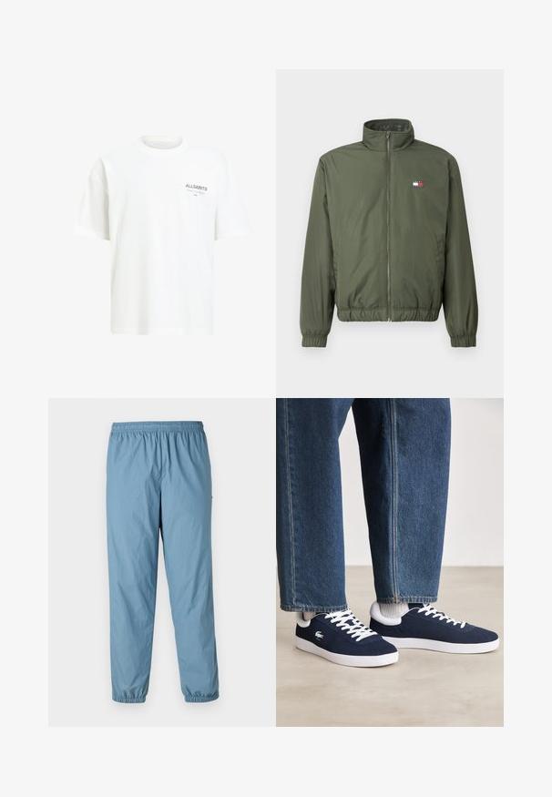 Giacca puffer verde oliva con colletto alto, zip frontale, polsini e orlo elasticizzati, caratterizzata da un piccolo logo ricamato sul petto.; T-shirt bianca in cotone con una vestibilità rilassata, scollo a girocollo e dettaglio logo grigio sul petto sinistro. Texture liscia, maniche corte.; Pantaloni blu, leggeri, con vita elasticizzata, gamba a sigaretta e polsini elasticizzati; presentano un piccolo logo sul lato. Materiale liscio e resistente all'acqua.; Sneakers in tela blu con stringhe bianche e suole in gomma, esposti con pantaloni in denim e calze a coste grigie, su una superficie grigia chiara.