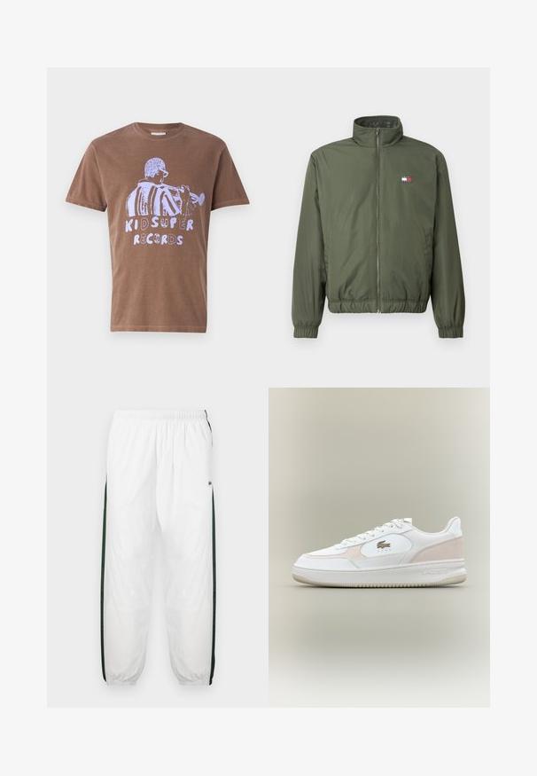 Olive green puffer jacket with a high collar, front zipper, elasticized cuffs and hem, featuring a small embroidered logo on chest.; Brown cotton t-shirt with short sleeves featuring a white graphic of a musician playing trumpet and the text "KID SUPER RECORDS."; White track pants with dark green side panels. Lightweight material, elastic waistband, and cuffed hems. Features mesh texture on side panels.; White sneakers with smooth leather upper, suede accents, and rubber sole. Features embossed logo and lace-up design. Minimalist aesthetic.