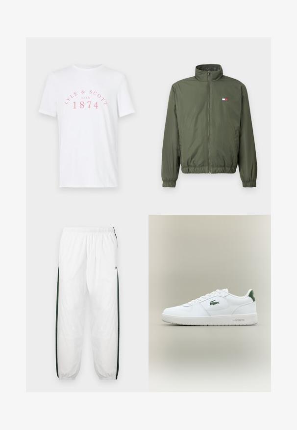 Oliivroheline puffjakker kõrge kraega, eesluku, elastsete mansettide ja äärtega, millel on rinna peal väike bordüüritud logo.; Valge puuvillane T-särk lühikeste varrukatega. Ees on lilat värvi tekst, mis ütleb "LYLE & SCOTT ESTD 1874" kaarjas kujunduses. Lihtne ja klassikaline stiil.; Valged sportpüksid tumeroheline külgpanelitega. Kerge materjal, elastne vöökoht ja mansetid. Külgpanelitel on võrkmuster.; Valge nahkne spordijalats sujuva viimistlusega, rohelised aktsendid kanna peal ja roheline logo küljel. Omab lamedat tallat ja ümmargust varvast.