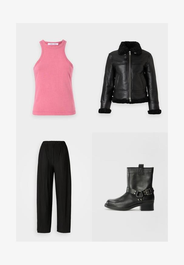 Giubbotto di pelle nera con colletto e polsini in shearling nero peloso, chiusura con zip e pannelli frontali. Dotato di due tasche laterali.; Top in cotone rosa con scollatura rotonda e design a spalla larga. Presenta orli a doppia cucitura e una texture morbida e liscia.; Pantaloni neri a gamba larga plissettati con vita elastica. Il tessuto presenta pieghe verticali e una consistenza liscia.; Samsøe Samsøe SABRENTA - Stivaletti texani / biker - black