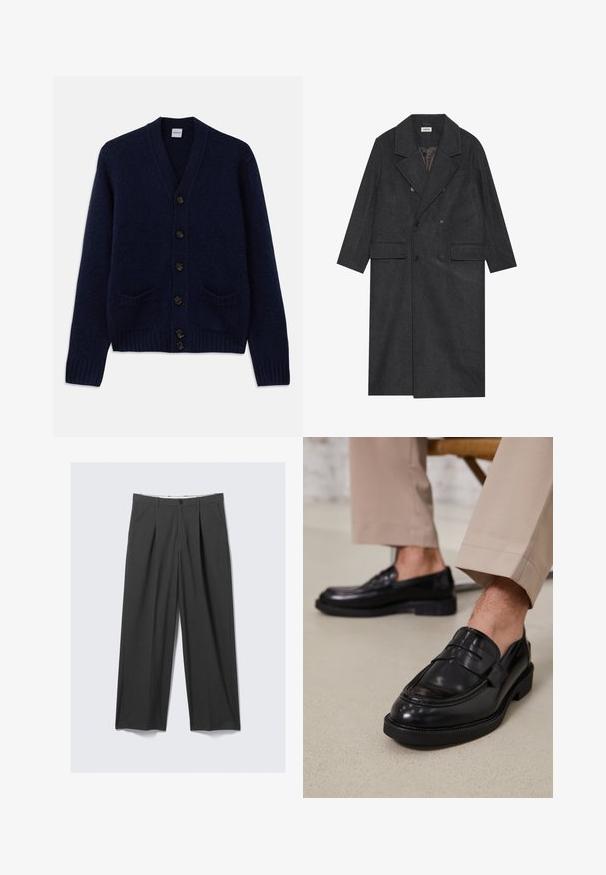 Cappotto doppiopetto grigio scuro realizzato in tessuto misto lana, con revers a punta, due tasche frontali e sei bottoni. Interno foderato visibile.; Cardigan a maglia blu navy con scollo a V, sei bottoni marroni, due tasche frontali e polsini e orlo a coste. Tessuto strutturato.; Camicia bianca a maniche lunghe con bottoni realizzata in cotone morbido. Presenta un collo classico e una chiusura frontale con bottoni, con orlo dritto.; Pantaloni grigi a gamba larga con pieghe. Realizzati in un tessuto morbido, presentano una chiusura frontale con bottone e passanti per cintura. Design con fronte piatto.; Mocassini in pelle nera con finitura liscia, dotati di una cintura decorativa e cuciture a contrasto, abbinati a pantaloni beige.