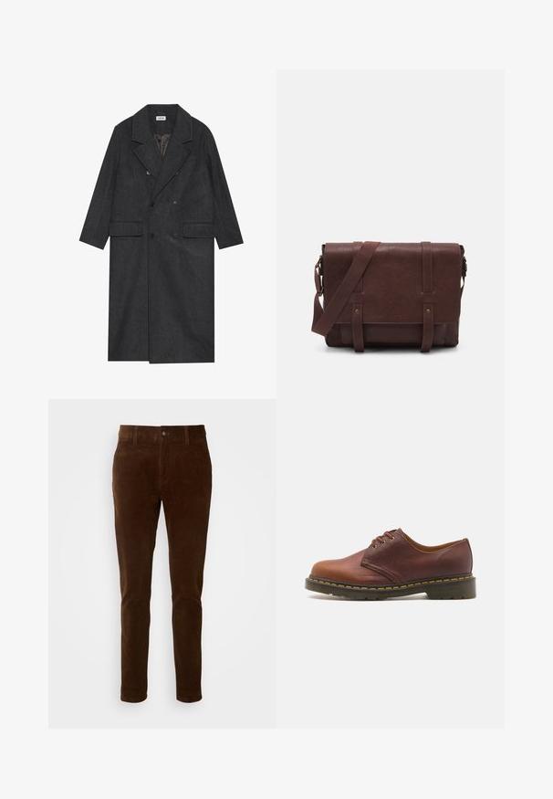 Sötétszürke, dupla soros kabát gyapjú keverékből, kihajtott gallérral, két elülső zsebbel és hat gombbal. A bélés belső része látható.; Fekete, testhez simuló, V nyakú pulóver hosszú ujjakkal. Puha kötött anyagból készült, bordázott mandzsettákkal és derékrésszel. Minimalista dizájn.; Fehér, hosszú ujjú, gombos ing sima pamutból készült. Klasszikus gallérral és gombos elülső zárással rendelkezik, egyenes szegéllyel.; Barna kordbársony nadrág, egyenes szárú kialakítással, gombos záródással és finom függőleges bordázott textúrával.; Barna bőr cipő sima felülettel, kerek orral és öt lukas fűzővel. A talpon sárga varrás látható, valamint textúrált sarokkal rendelkezik.; Barna bőr válltáska, lapos elülső fedéllel, két pánttal, arany színű fém kiegészítőkkel és állítható vállpánttal.