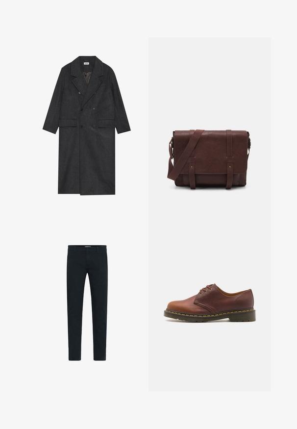 Mørkegrå dobbeltradet frakke lavet af en uldblanding med klapkraver, to frontlommer og seks knapper. Fôr på indersiden er synligt.; Sort, tætsiddende V-hals sweater med lange ærmer. Fremstillet af blødt strikstof, med ribbede manchetter og talje. Minimalistisk design.; Hvid langærmet skjorte med knapper lavet af glat bomuld. Har en klassisk krave og knaplukning foran med en lige nederkant.; Sorte bomuldsbukser med slim fit, der har en knap- og lynlås-lukning, fem lommer og en glat tekstur. Ensfarvet design uden mønstre.; Brune lædersko med en glat finish, rund tå og fem snørrehuller. Har gul syning langs sålen og en tekstureret hæl.; Brun læder buddeltaske med en flad frontklap, to remme, guld hardware detaljer og en justerbar skulderrem.