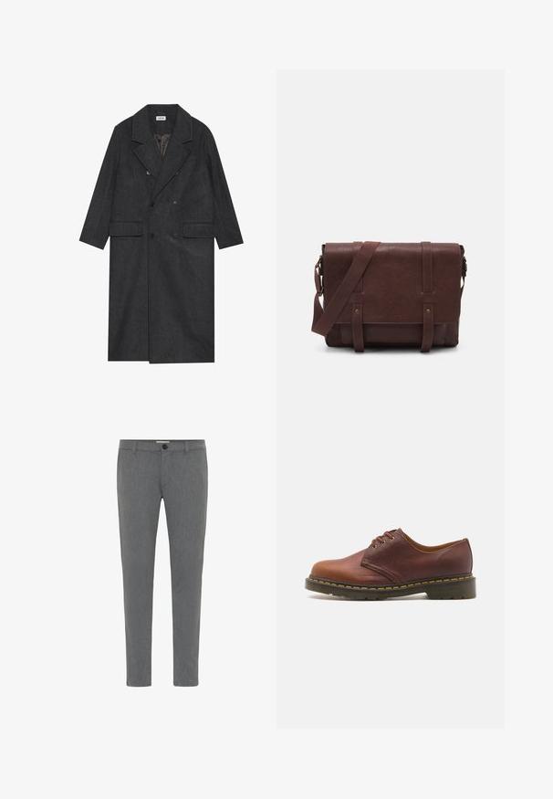 Dark gray double-breasted coat made of wool blend fabric with notch lapels, two front pockets, and six buttons. Lined interior visible.; Black, fitted, V-neck sweater with long sleeves. Made of soft knit fabric, featuring ribbed cuffs and waistband. Minimalist design.; White long-sleeve button-up shirt made from smooth cotton. Features a classic collar and button-front closure with a straight hem.; Gray tailored pants made of textured fabric, featuring a standard waistband with belt loops, zip fly, and single button closure.; Brown leather shoe with a smooth finish, round toe, and five eyelet lacing. Features yellow stitching along the sole and a textured heel.; Brown leather messenger bag with a flat front flap, two straps, gold hardware accents, and an adjustable shoulder strap.