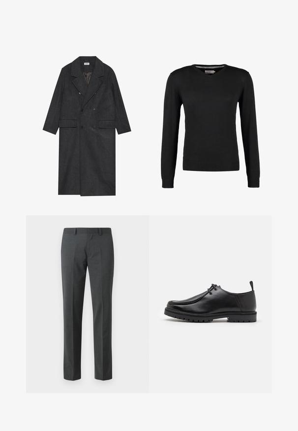Tamnosivi dvostruko kopčani kaput napravljen od vune s mješavinom materijala, s reverima, dva prednja džepa i šest dugmadi. Unutrašnjost je obložena i vidljiva.; Crni, prilagođeni džemper s V-izrezom i dugim rukavima. Izrađen od mekog pletenog materijala, sa rebrastim manžetama i pojasom. Minimalistički dizajn.; Tamne sive hlače krojene od glatkog tekstila. Imaju ravne nogavice, ravni prednji dio i petlje za remen. Bez vidljivih uzoraka ili akcenta.; Crne kožne cipele s vezanjem, s robusnom potplatom i petnom trakom, prikazane sa strane na bijeloj pozadini.