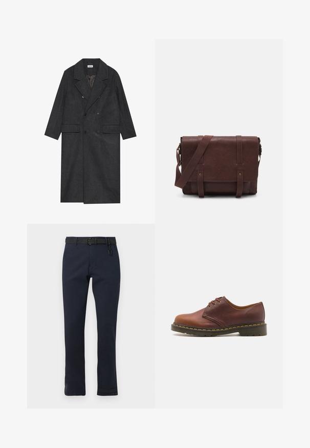 Mørkegrå dobbeltradet frakke lavet af en uldblanding med klapkraver, to frontlommer og seks knapper. Fôr på indersiden er synligt.; Sort, tætsiddende V-hals sweater med lange ærmer. Fremstillet af blødt strikstof, med ribbede manchetter og talje. Minimalistisk design.; Mørkeblå bukser med lige snit, konstrueret af slidstærkt stof. Har et sort bælte og et enkelt design uden mønstre.; Brune lædersko med en glat finish, rund tå og fem snørrehuller. Har gul syning langs sålen og en tekstureret hæl.; Brun læder buddeltaske med en flad frontklap, to remme, guld hardware detaljer og en justerbar skulderrem.