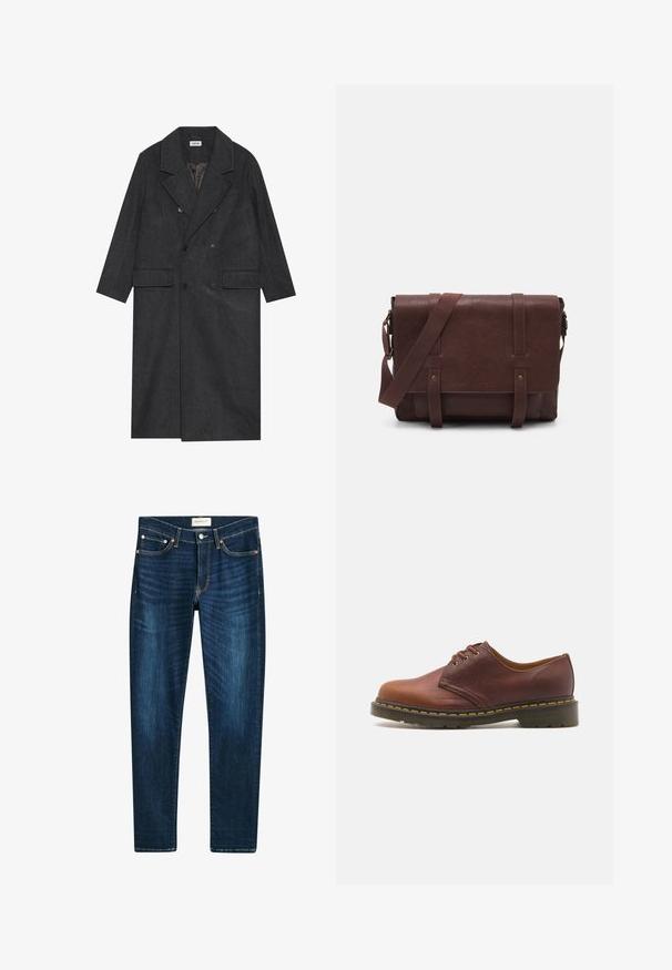 Cappotto doppiopetto grigio scuro realizzato in tessuto misto lana, con revers a punta, due tasche frontali e sei bottoni. Interno foderato visibile.; Maglione nero, aderente, con scollo a V e maniche lunghe. Realizzato in morbido tessuto a maglia, con polsini e vita a coste. Design minimalista.; Jeans blu scuro in denim, con design a gamba dritta, cinque tasche, rivetti di tonalità rame e leggere sfumature sul tessuto.; Scarpe in pelle marrone con finitura liscia, punta rotonda e lacci con cinque occhielli. Presentano cuciture gialle lungo la suola e un tacco testurizzato.; Borsa a tracolla in pelle marrone con un davanti piatto, due cinghie, dettagli in metallo dorato e una tracolla regolabile.