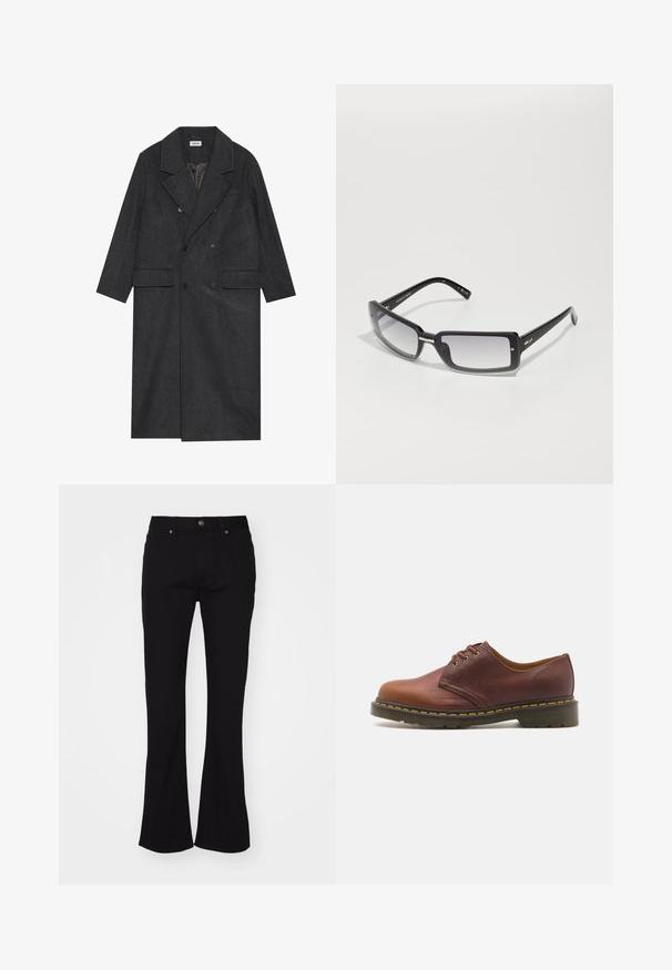 Sötétszürke, dupla soros kabát gyapjú keverékből, kihajtott gallérral, két elülső zsebbel és hat gombbal. A bélés belső része látható.; Barna ujjatlan kötött pulóver kerek nyakkivágással, bordázott szegélyekkel és puha tapintással; a címkén a "WEEKDAY" felirat olvasható.; Fehér, hosszú ujjú, gombos ing sima pamutból készült. Klasszikus gallérral és gombos elülső zárással rendelkezik, egyenes szegéllyel.; Fekete, magas derekú, bővülő nadrág öt zsebbel és elülső gombbal, fehér háttér előtt bemutatva.; Barna bőr cipő sima felülettel, kerek orral és öt lukas fűzővel. A talpon sárga varrás látható, valamint textúrált sarokkal rendelkezik.; Fekete, téglalap alakú napszemüveg, átmeneti lencsékkel, vastag kerettel és fém díszítésekkel a szárakon. Az egész felülete sima.