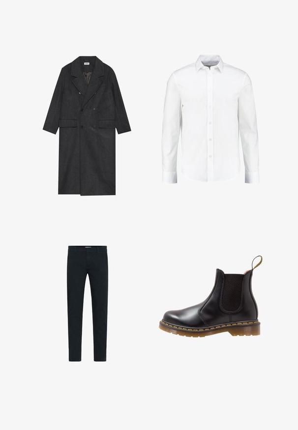Mørkegrå dobbeltradet frakke lavet af en uldblanding med klapkraver, to frontlommer og seks knapper. Fôr på indersiden er synligt.; Hvid langærmet skjorte med knapper lavet af glat bomuld. Har en klassisk krave og knaplukning foran med en lige nederkant.; Sorte bomuldsbukser med slim fit, der har en knap- og lynlås-lukning, fem lommer og en glat tekstur. Ensfarvet design uden mønstre.; Sort læder Chelsea støvle med elastiske sidepaneler, gul syning og en struktureret gummisål. Har en træksløjfe for nem påtagning.