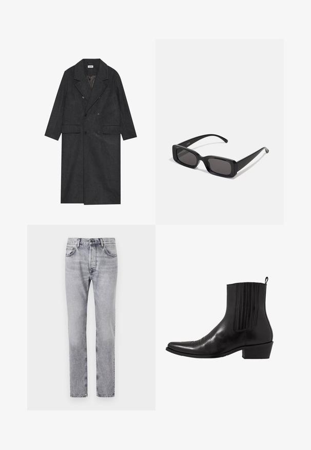 Tmavě šedý dvouřadý kabát vyrobený z vlněné směsi s klopovými límci, dvěma předními kapsami a šesti knoflíky. Viditelná podšitá vnitřní část.; Bílá košile s dlouhými rukávy a klasickým límečkem, hladká tkanina a přední léga s lehkými, zaoblenými knoflíky.; Šedé džíny z denimu mají rovný střih, pět kapes a jemné vyblednutí. Kovové zapínání na knoflík a zip vpředu.; Černá kožená kotníková bota s špičatou špičkou, elastickými bočními panely, vertikálním prošíváním a nízkým blokovým podpatkem.; Černé obdélníkové sluneční brýle s tmavými skly, lesklým povrchem, širokými ramínky a robustním designem rámu. Vytlačený název značky na jednom ramínku.