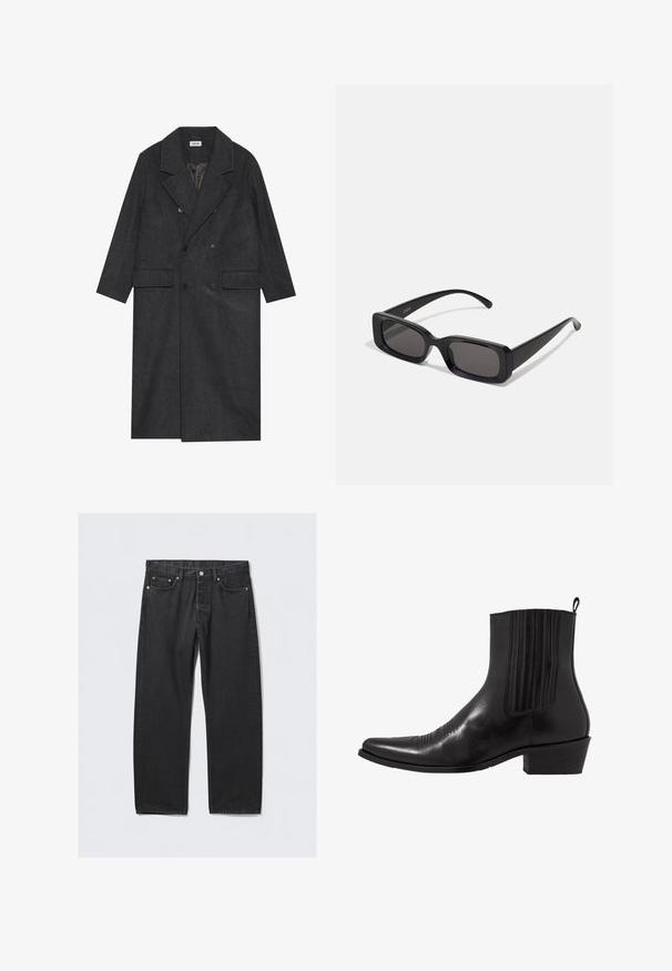 Tmavě šedý dvouřadý kabát vyrobený z vlněné směsi s klopovými límci, dvěma předními kapsami a šesti knoflíky. Viditelná podšitá vnitřní část.; Bílá košile s dlouhými rukávy a klasickým límečkem, hladká tkanina a přední léga s lehkými, zaoblenými knoflíky.; Černé džíny z denimu s rovnými nohavicemi, s knoflíkovým zapínáním, pěti kapsami a měděnými akcenty. Hladká textura.; Černá kožená kotníková bota s špičatou špičkou, elastickými bočními panely, vertikálním prošíváním a nízkým blokovým podpatkem.; Černé obdélníkové sluneční brýle s tmavými skly, lesklým povrchem, širokými ramínky a robustním designem rámu. Vytlačený název značky na jednom ramínku.