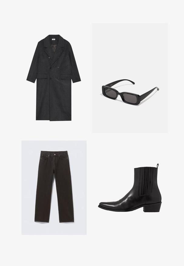 Donkergrijze dubbelbrede jas van een wolmix met steekrevers, twee voorkruiszakken en zes knopen. Voering van de jas zichtbaar.; Witte lange mouw knoopshirt met een klassieke kraag, een gladde stof en een voorpaneel met lichte, ronde knopen.; Zwarte spijkerbroek van denim met een recht model, vijf zakken en koperkleurige stiksels. Glad textuur, klassieke knoopsluiting bij de taille.; Zwarte leren enkellaarzen met een spitse neus, elastische zijpanele, verticale stiksels en een lage blokhak.; Zwarte rechthoekige zonnebril met donkere lenzen, glanzende afwerking, brede pootjes en een robuust frameontwerp. Gegraveerde merknaam op één van de pootjes.
