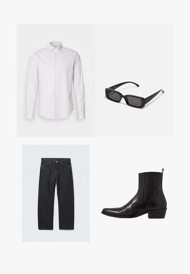 Tumši pelēkā krāsa divrindu mētelis, izgatavots no vilnas maisījuma auduma, ar iegrieztām atlokam, divām priekšējām kabatām un sešiem pogām. Redzama oderēta iekšpuse.; Baltā garajiem piedurknēm krekls ar norādītu apkakli, ar pogām priekšā, izgatavots no gludas auduma. Tam ir smalka svītraina tekstūra.; Melni džinsi ar taisno kāju griezumu, ar pogu aizdari, piecām kabatām un vara tonī veidotiem aksesuāriem. Gluda tekstūra.; Melna ādas potītes zābaku ar norādītu pirkstu, elastīgām sānu daļām, vertikālām šuvēm un zemu blokveida papēdi.; Melnas taisnstūrveida saulesbrilles ar tumšiem stikliem, spīdīga apdare, platas kājas un masīvs rāmja dizains. Uz vienas kājas ir iegravēts zīmola nosaukums.