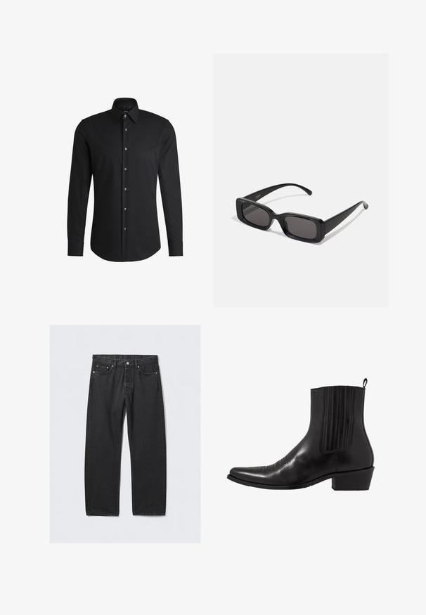 Donkergrijze dubbelbrede jas van een wolmix met steekrevers, twee voorkruiszakken en zes knopen. Voering van de jas zichtbaar.; Zwarte langemouwen shirt van gladde stof, met een klassieke kraag, een knoopsluiting aan de voorkant en een afgeronde zoom met zilverkleurige knopen.; Zwarte denim jeans met een rechte pijp, voorzien van een knoopsluiting, vijf zakken en hardwareaccenten in koperkleur. Soepele textuur.; Zwarte leren enkellaarzen met een spitse neus, elastische zijpanele, verticale stiksels en een lage blokhak.; Zwarte rechthoekige zonnebril met donkere lenzen, glanzende afwerking, brede pootjes en een robuust frameontwerp. Gegraveerde merknaam op één van de pootjes.