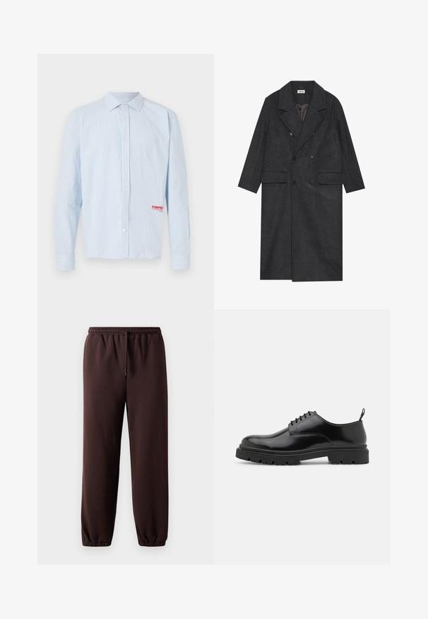 Temno sivi dvoredni plašč izdelan iz volnenega mešanega materiala z izrezanimi reverji, dvema sprednjima žepoma in šestimi gumbi. Vidna podložena notranjost.; Svetlo modra karirana srajca z dolgimi rokavi in oznako na prsih z napisom "POMPEII" v rdeči barvi. Gladek bombažen material, klasičen ovratnik.; Rjuhne hlače v rjavi barvi z vrvico v pasu, elastičnimi manšeti in gladkim bombažnim materialom. Imajo sproščen kroj in minimalistični dizajn.; Črne usnjene čevlje za vezanje z zaobljenim nosom, gladko teksturo in rebrastim gumijastim podplatom. Imajo majhno peto in zanka na zadnji strani.