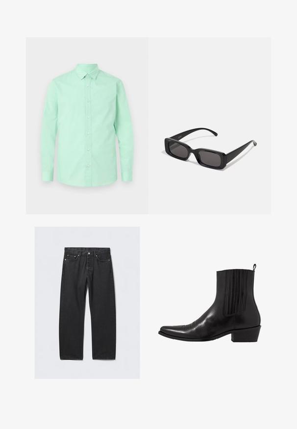 Tmavošedý dvojradový kabát vyrobený z vlnenej zmesi s klopovými chlopňami, dvoma prednými vreckami a šiestimi gombíkmi. Viditeľná podšívka.; Košeľa mintovej farby s dlhými rukávmi, golierom a predným zapínaním na gombíky. Hladká textúra, jednotná farba bez viditeľných vzorov alebo akcentov.; Čierne denimové nohavice so strihom rovného nohavicu, s gombíkovým zapínaním, piatimi vreckami a kovovými detailmi v medi. Hladká textúra.; Čierne kožené členkové topánky s špičatou špičkou, elastickými bočnými panelmi, vertikálnymi švami a nízkym blokovým podpätkom.; Čierne obdĺžnikové slnečné okuliare s tmavými šošovkami, lesklým povrchom, širokými ramenami a robustným rámovým dizajnom. Vygravírované meno značky na jednom ramene.