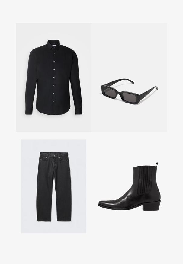 Tamsiai pilkas dvigubos sagtys paltas, pagamintas iš vilnos mišinio, su notch apykaklėmis, dviem priekinėm kišenėm ir šešiom sagom. Matoma pamušalo vidinė dalis.; Juodas ilgomis rankovėmis marškinėliai su mygtukų apykakle, priekiniais mygtukais, tiesiu kraštu ir lygia tekstūra; subtilus logotipas ant krūtinės.; Juodos džinsinės kelnės su tiesiu kirpimu, turinčios mygtukų užtrauktuką, penkias kišenes ir vario spalvos detales. Praeities tekstūra.; Juodas odinis kulkšninis botas su smailiu pirštu, elastingomis šoninėmis dalimis, vertikaliu siuvinėjimu ir žemu stačiakampiu kulnu.; Juodos stačiakampės saulės akiniai su tamsiais lęšiais, blizgiu paviršiumi, plačiomis kojelėmis ir masyviu rėmeliu. Ant vienos kojelės yra išgraviruotas prekės ženklas.