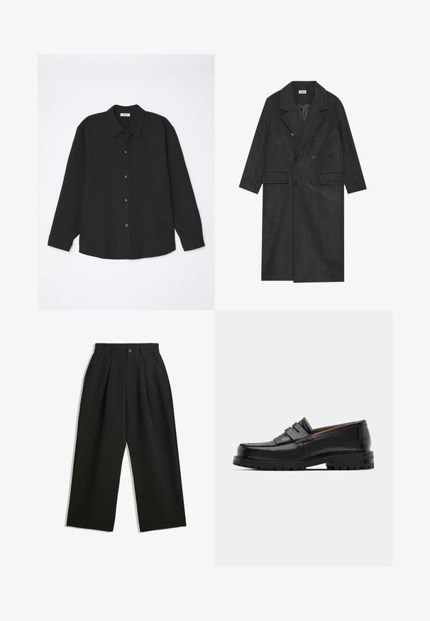 Tmavošedý dvojradový kabát vyrobený z vlnenej zmesi s klopovými chlopňami, dvoma prednými vreckami a šiestimi gombíkmi. Viditeľná podšívka.; sandro JOKER - Košeľa - noir; Čierne nohavice s voľným strihom, s prekrytím vpredu, bočnými vreckami a zapínaním na gombík. Vyrobené z textúrovanej látky.; Čierne kožené mokasíny majú vystúpený šev, dve dekoratívne pásky na vrchu a hrubú textúrovanú podrážku pre lepšiu priľnavosť.