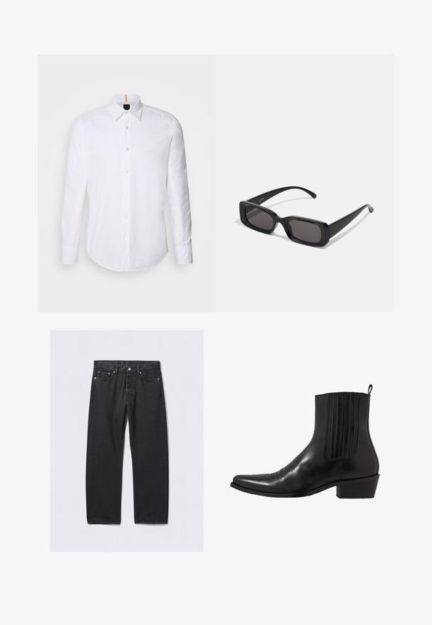 Tamsiai pilkas dvigubos sagtys paltas, pagamintas iš vilnos mišinio, su notch apykaklėmis, dviem priekinėm kišenėm ir šešiom sagom. Matoma pamušalo vidinė dalis.; Balta ilgomis rankovėmis marškiniai su mygtukais, pagaminti iš medvilnės, su klasikiniu apykaklės dizainu, subtiliu logotipo elementu krūtinėje ir baltais mygtukais.; Juodos džinsinės kelnės su tiesiu kirpimu, turinčios mygtukų užtrauktuką, penkias kišenes ir vario spalvos detales. Praeities tekstūra.; Juodas odinis kulkšninis botas su smailiu pirštu, elastingomis šoninėmis dalimis, vertikaliu siuvinėjimu ir žemu stačiakampiu kulnu.; Juodos stačiakampės saulės akiniai su tamsiais lęšiais, blizgiu paviršiumi, plačiomis kojelėmis ir masyviu rėmeliu. Ant vienos kojelės yra išgraviruotas prekės ženklas.