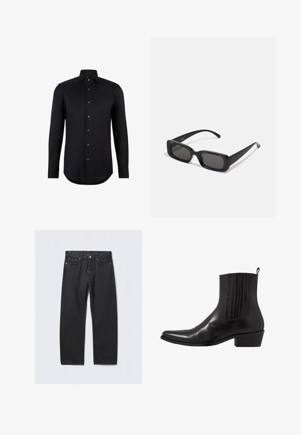Temno sivi dvoredni plašč izdelan iz volnenega mešanega materiala z izrezanimi reverji, dvema sprednjima žepoma in šestimi gumbi. Vidna podložena notranjost.; Črn dolg rokav srajca iz gladkega blaga, z usnjenim ovratnikom in sprednjimi gumbi, s krožnim robom in brez vzorcev ali akcentov.; Črne kavbojke iz denima s ravnim krojem, z gumbom za zapenjanje, petimi žepi in detajli v bakreni barvi. Gladka tekstura.; Črne usnjene gležnjarje s koničastim nosom, elastičnimi stranskimi paneli, navpičnimi šivi in nizko blokasto peto.; Črne pravokotne sončna očala z temnimi lečami, sijajna površina, široka ročaja in masiven okvir. Vgravirano ime blagovne znamke na eni ročaji.